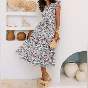 Cleobella Floral Midi Dress in Pink, Green and White